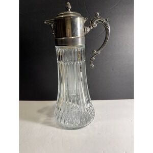Vintage Silverplate & Pressed Glass Claret Jug 13" Pitcher with Hinged Lid